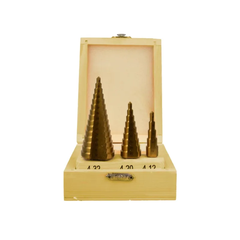 Vrtáky stupňovté GEKO, sada 3ks, 4-12mm, 4-20mm, 4-32mm, dřevěná kazeta, TiN Expresní Doručení