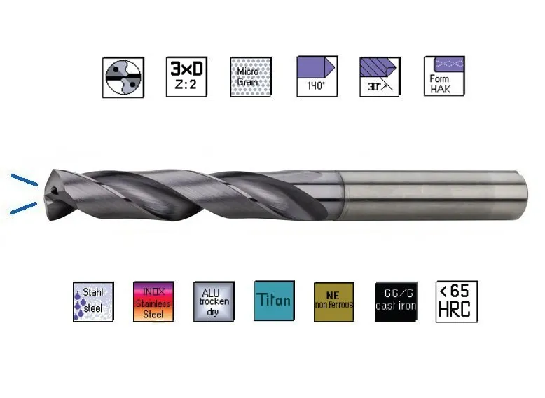 Aktuální SK vrták 13,0 x 105mm 3xD TiAlN 140° DIN6539 , vnitřní chl. , TRITON